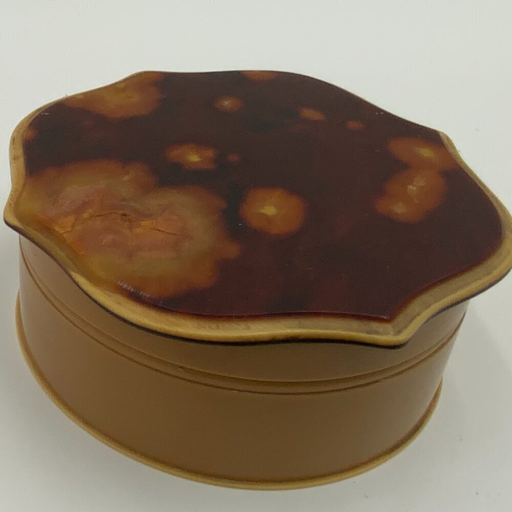 VTG Art Deco Tan Celluloid Powder Puff Box w/Tortoise Design Lid 4 1/2" x 2" - Picture 5 of 10